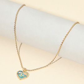 Butterfly Flower Enamel Detailed Heart Pendant Necklace