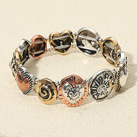 Vintage Stone Accent Antique Metal Mixed Heart Swirl Sunburst Crescent Charm Beaded Stretch Bracelet