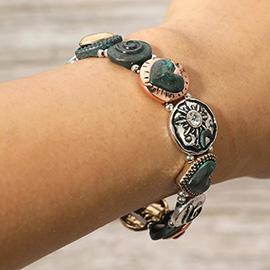 Vintage Stone Accent Antique Metal Mixed Heart Swirl Sunburst Crescent Charm Beaded Stretch Bracelet