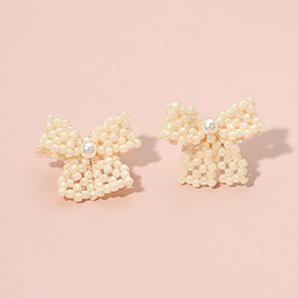 Pearl Accented Seed Beaded Bow Stud Earrings