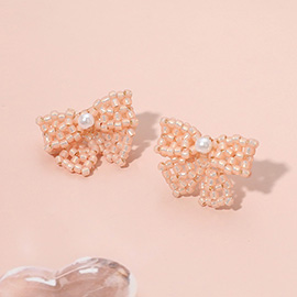 Pearl Accented Seed Beaded Bow Stud Earrings