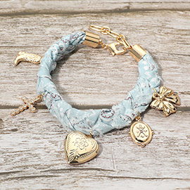 Boho Heart Locket Bow Cross Charm Station Fabric Bracelet