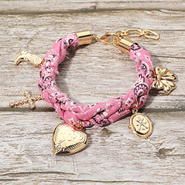 Boho Heart Locket Bow Cross Charm Station Fabric Bracelet