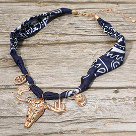 Boho Western Bull Skull Cactus Cowboy Hat Boots Charm Fabric Necklace