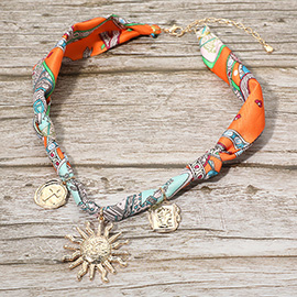 Boho Sun Cross Coin Wax Seal Charm Fabric Necklace