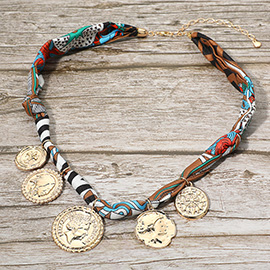 Boho Vintage Inspired Coin Charm Fabric Necklace