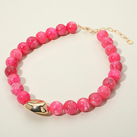Polished Metal Bean Accent Bold Marbled Ball Beaded Statement Necklace