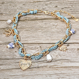 Boho Heart Pearl Bow Charm Hardware Chain Fabric Necklace