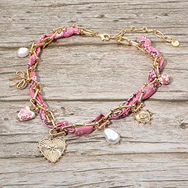 Boho Heart Pearl Bow Charm Hardware Chain Fabric Necklace
