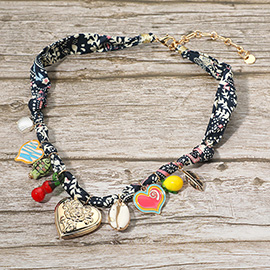 Boho Flower Heart Sea Shell Mixed Playful Charm Fabric Necklace