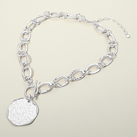 Textured Disc Pendant Chunky Link Chain Necklace