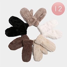 12Pairs - Plain Seamed Faux Fur Winter Mittens