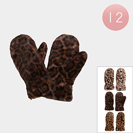12Pairs - Leopard Faux Fur Winter Mittens
