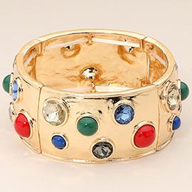 Gemstone Studded Wide Bangle Statement Stretch Bracelet