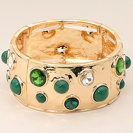 Gemstone Studded Wide Bangle Statement Stretch Bracelet