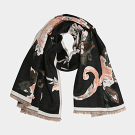 Floral Pattern Fringe Oblong Scarf