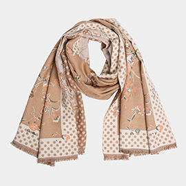 Floral Polka Dot Bordered Fringe Oblong Scarf