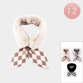 12PCS - Faux Fur Argyle Bow Tie Design Collar Scarves