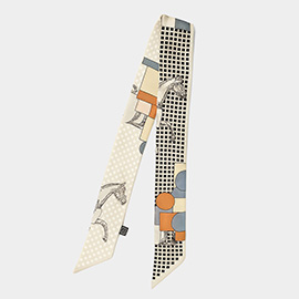 Abstract Horse Grid Pattern Printed Twilly Skinny Scarf