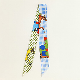 Abstract Horse Grid Pattern Printed Twilly Skinny Scarf