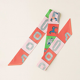 Geometric Square Horse Pattern Printed Twilly Skinny Scarf