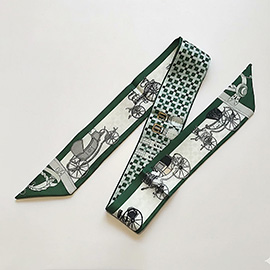Vintage Carriage Pattern Printed Twilly Skinny Scarf
