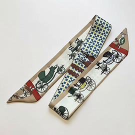 Vintage Carriage Pattern Printed Twilly Skinny Scarf