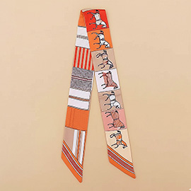 Geometric Square Horse Pattern Printed Twilly Skinny Scarf