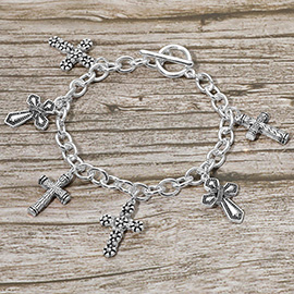 Antique Metal Multi Cross Charm Station Toggle Bracelet