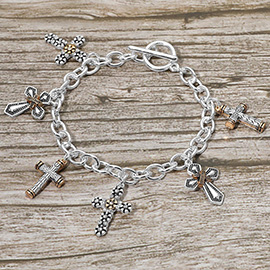 Antique Metal Multi Cross Charm Station Toggle Bracelet