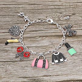 Stone Paved Heart Bow High Heel Bag Lipstick Charm Station Bracelet