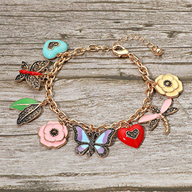 Butterfly Dragonfly Heart Flower Leaves Charm Station Bracelet