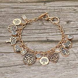 Antique Metal Tree of Life Stone Bezel Charm Station Toggle Bracelet