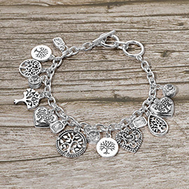 Antique Metal Tree of Life Stone Bezel Charm Station Toggle Bracelet