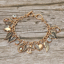 Antique Metal Angel Wing Heart Charm Staton Toggle Bracelet