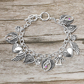 Antique Metal Angel Wing Heart Charm Staton Toggle Bracelet