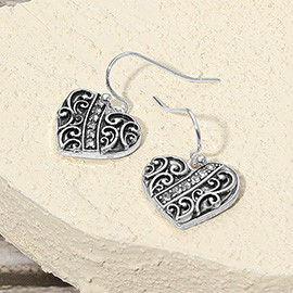 Stone Paved Vintage Metal Heart Dangle Earrings