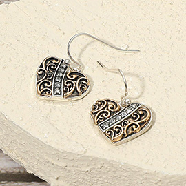 Stone Paved Vintage Metal Heart Dangle Earrings