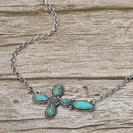 Western Bohemian Cross Stone Pendant Accent Necklace