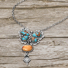 Vintage Boho Butterfly Stone Pendant Necklace