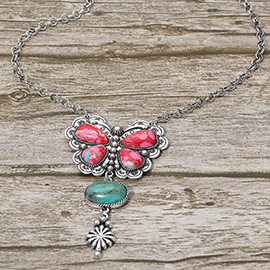 Vintage Boho Butterfly Stone Pendant Necklace
