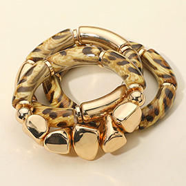 3PCS - Chunky Leopard Printed Resin Bar Metal Pebble Beaded Stretch Multi Layered Bracelets