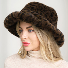 Soft Plush Faux Fur Leopard Print Winter Bucket Hat