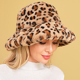 Soft Plush Faux Fur Leopard Print Winter Bucket Hat