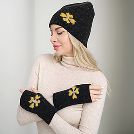 Flower Accent Cozy Knit Winter Beanie Fingerless Gloves Set
