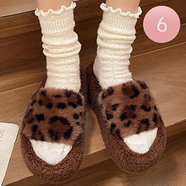 6Pairs - Cozy Leopard Print Faux Fur Indoor Floor Slippers