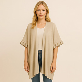 Solid Knit Open Front Ruffled Sleeves Kimono Poncho