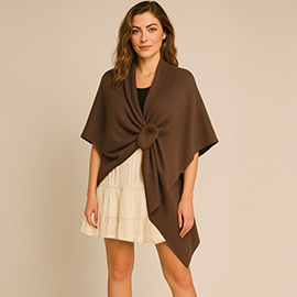 Fur Strap Trim Solid Knit Ruana Poncho