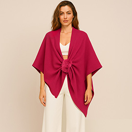 Fur Strap Trim Solid Knit Ruana Poncho