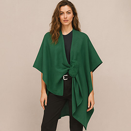 Fur Strap Trim Solid Knit Ruana Poncho